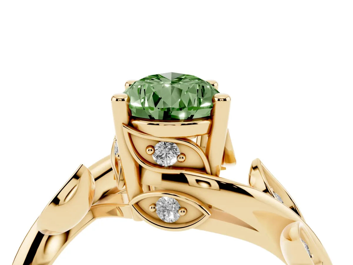 Fancy Green Pear Cut Solitaire Twist Engagement Ring with Leaf Accents and Prong Setting Yellow gold