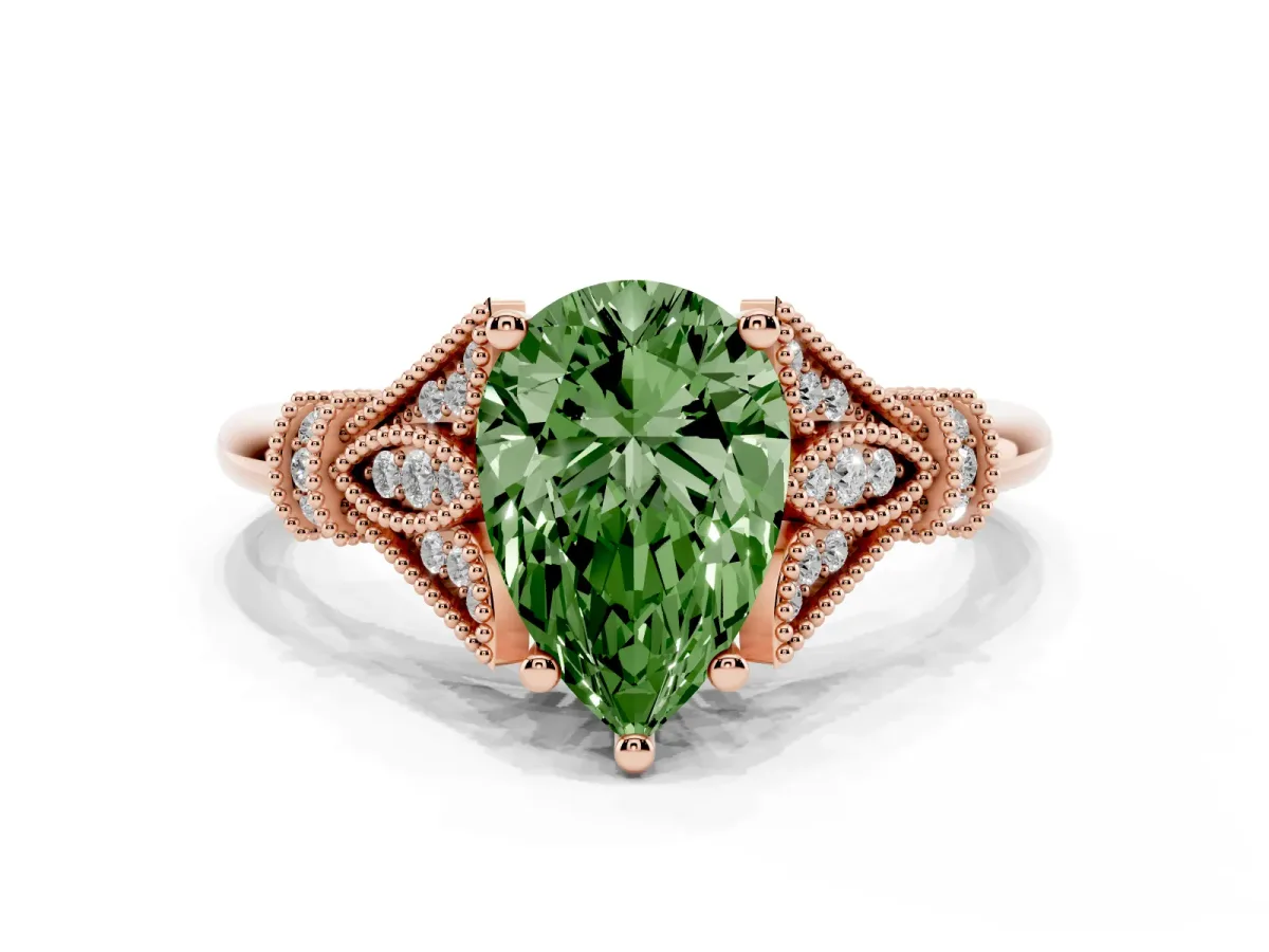 Fancy Green Pear Cut Diamond Solitaire Ring with Floral Filigree and Pave Accents Rose gold