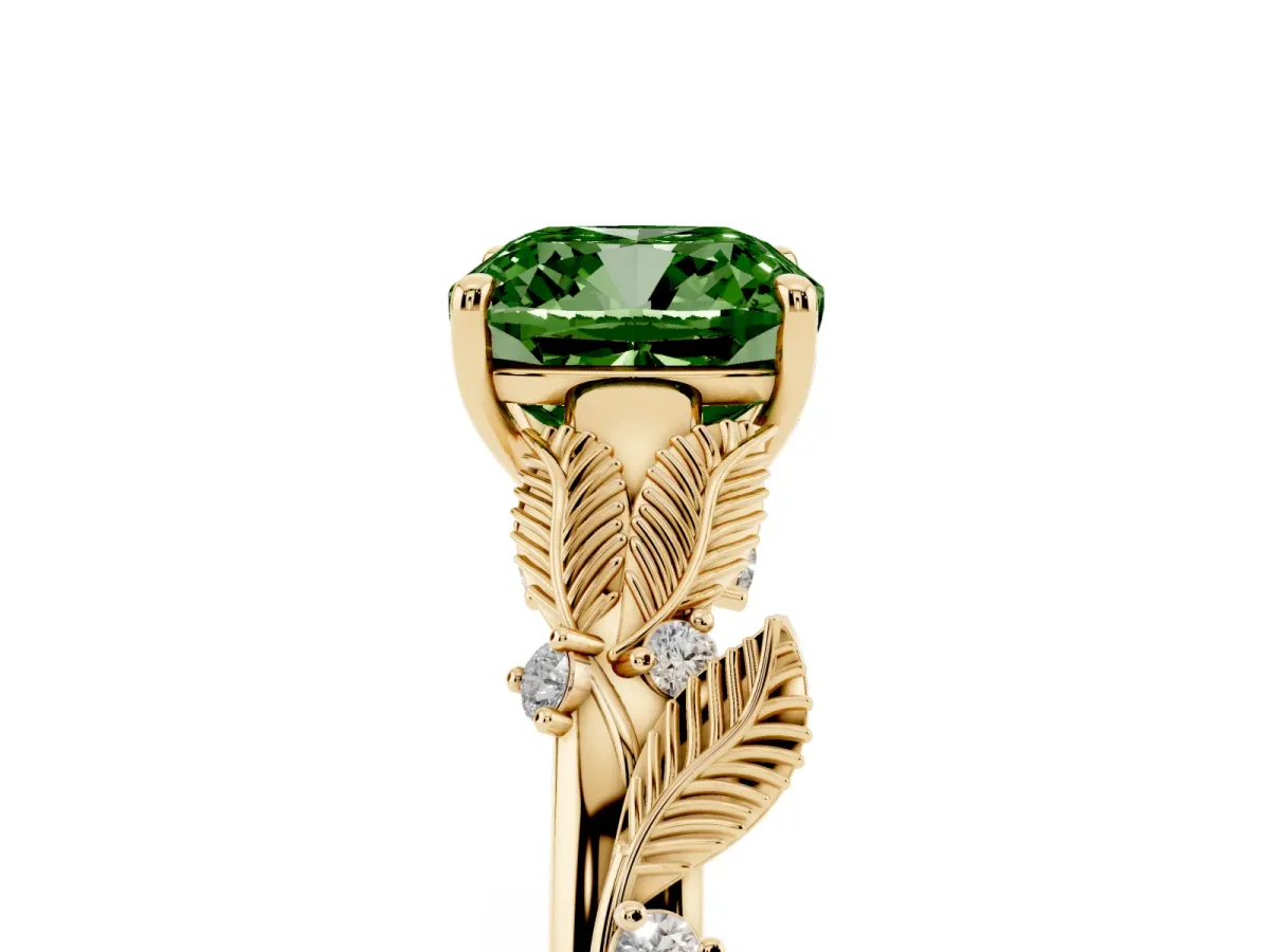 Fancy Green Cushion Cut Diamond Solitaire Ring with Leaf Motif Band and Four-Prong Setting Yellow gold