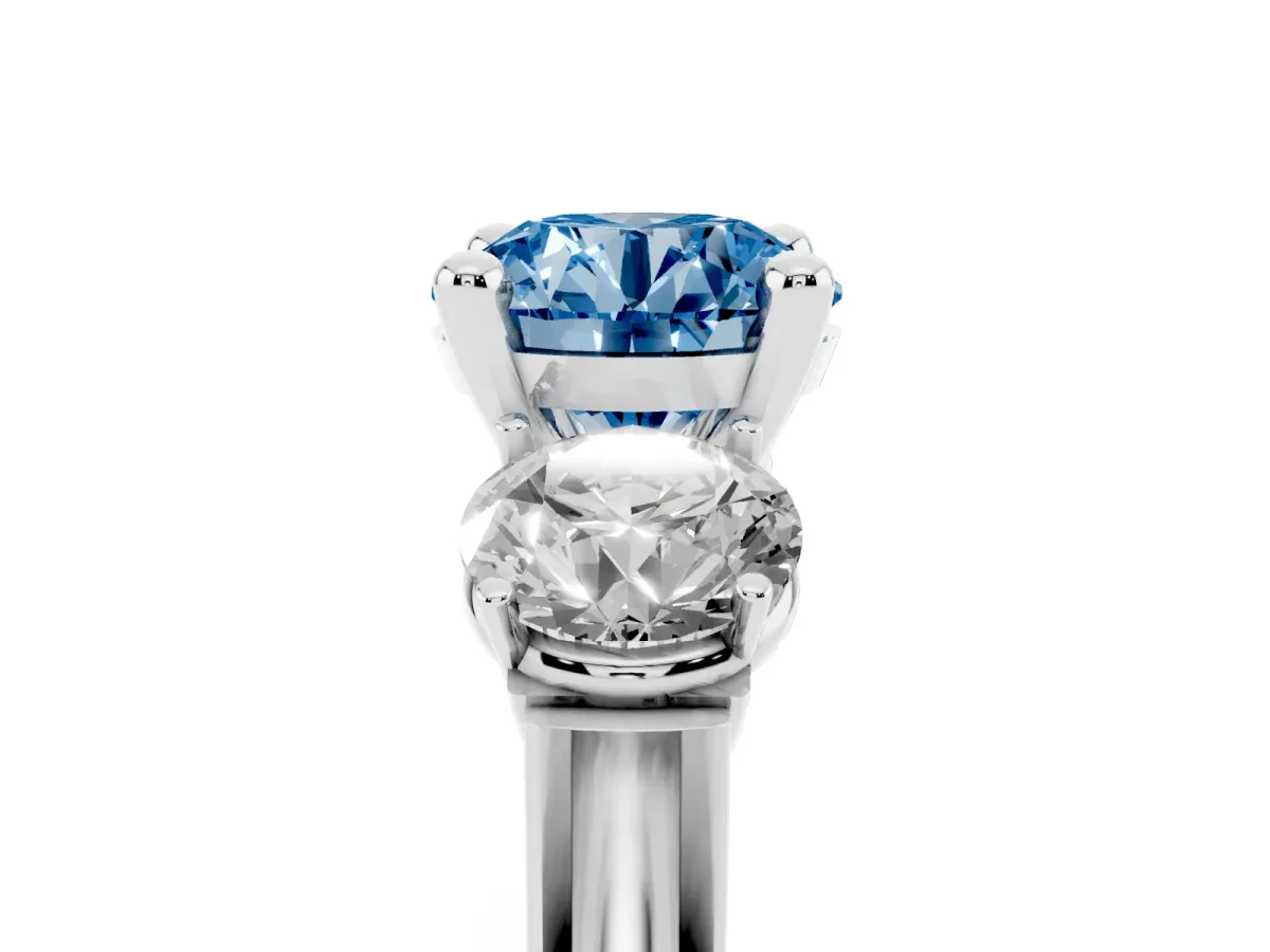 Fancy Blue Three-Stone Round Cut Brilliant Diamond Trellis Ring with Comfort Fit Band White gold