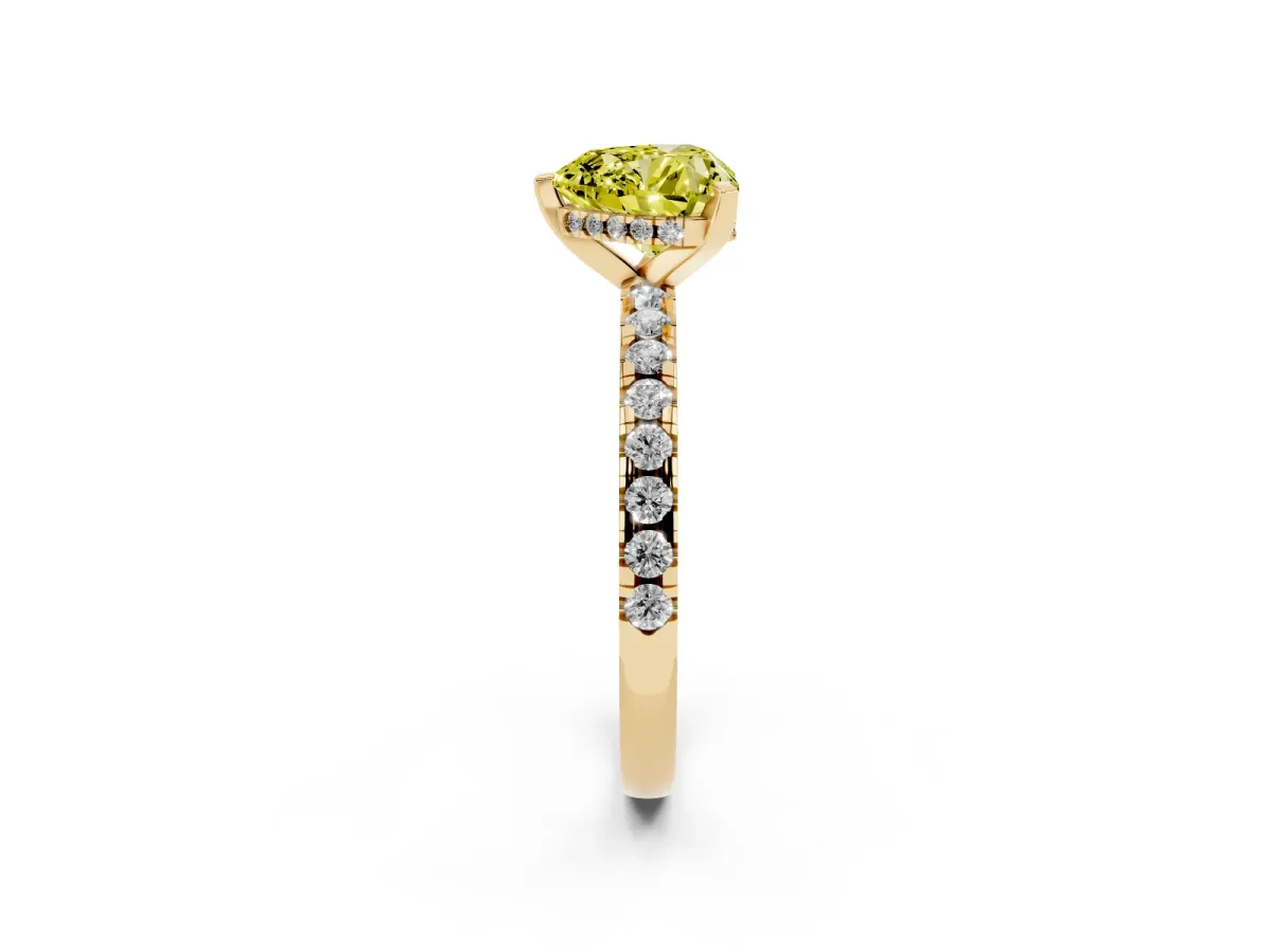Fancy Yellow Heart Cut Diamond Solitaire Ring with Round Pavé Band and Four-Prong Setting Yellow gold