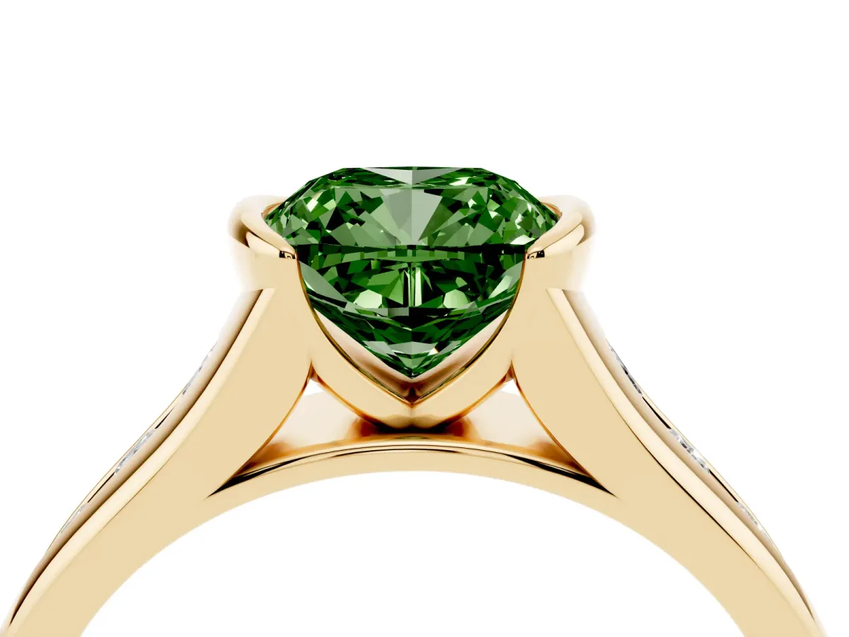 Fancy Green Cushion Cut Solitaire Bezel-Set Diamond Ring with Channel-Set Band Yellow gold