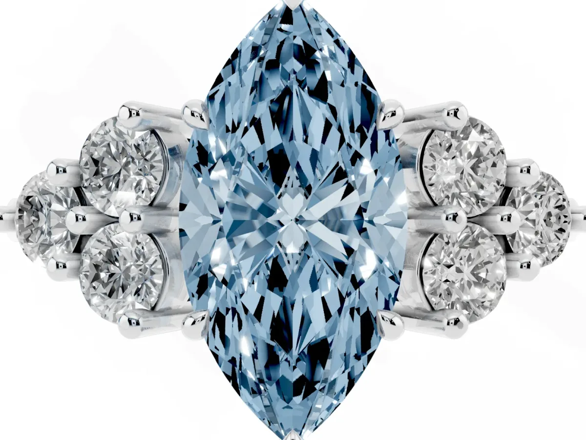 Fancy Blue Marquise Cut Brilliant Diamond Cluster Accent Solitaire Ring with Prong Setting Platinum