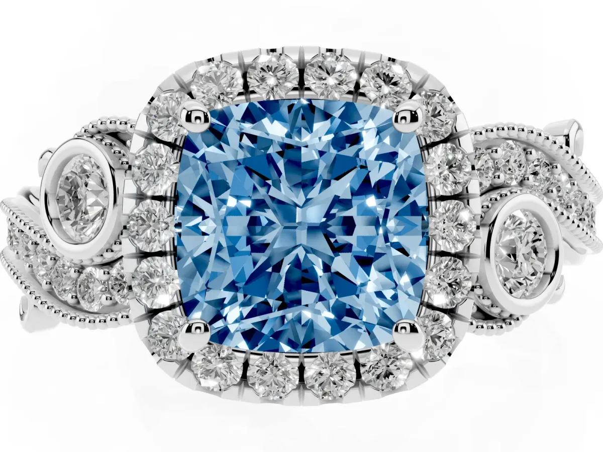 Fancy Blue Cushion Cut Halo Diamond Ring with Milgrain and Bezel Accents on a Split Shank Band White gold