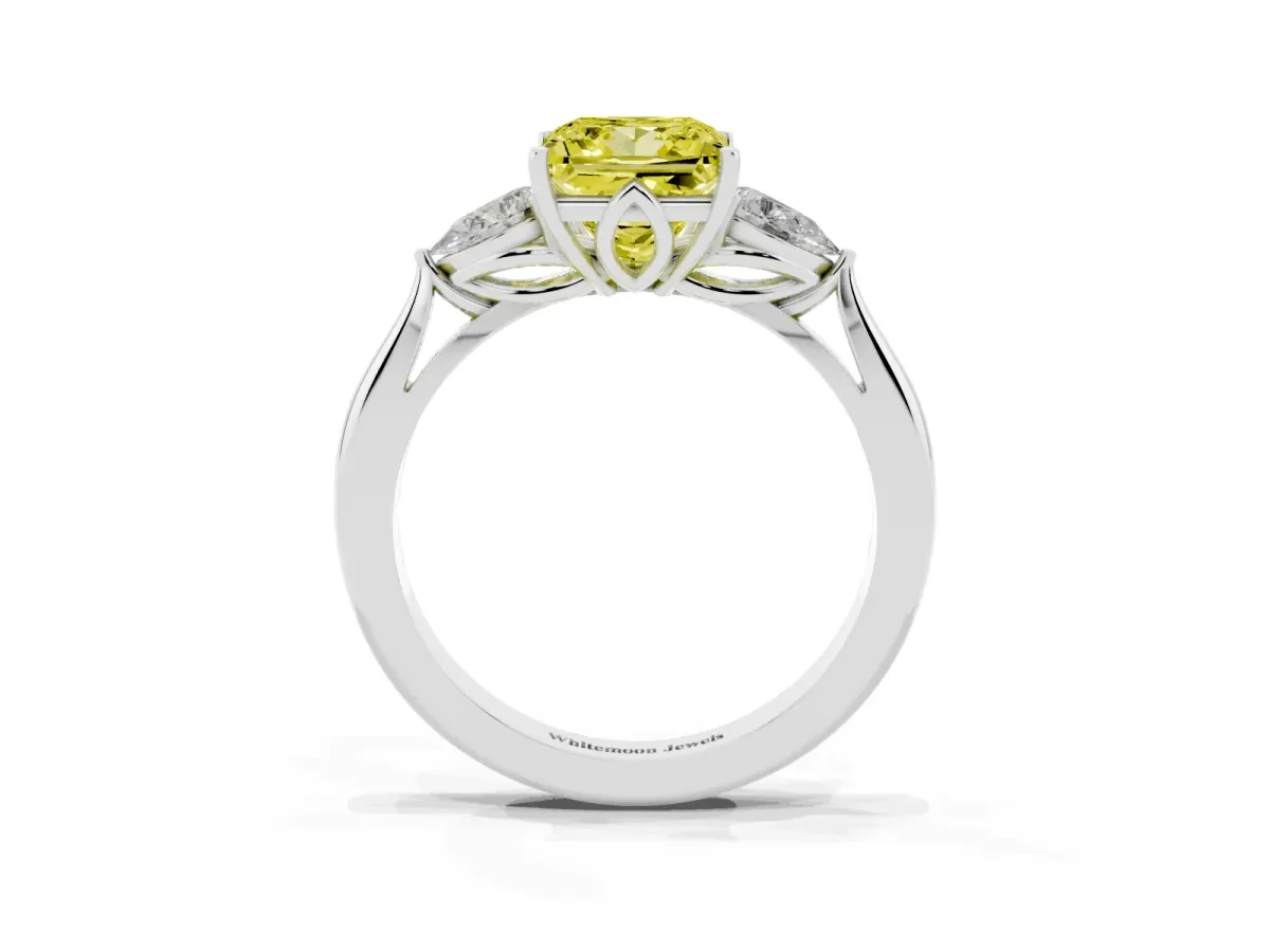 Fancy Yellow Princess Cut Diamond Three-Stone Ring with Pear Side Stones and Prong Setting Silver