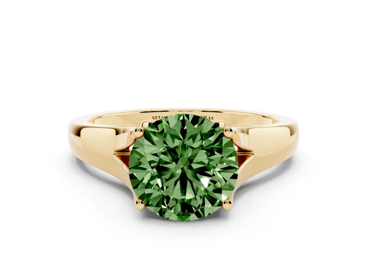 Fancy Green Round Cut Solitaire Diamond Ring with Cathedral Band and Four-Prong Setting Yellow gold