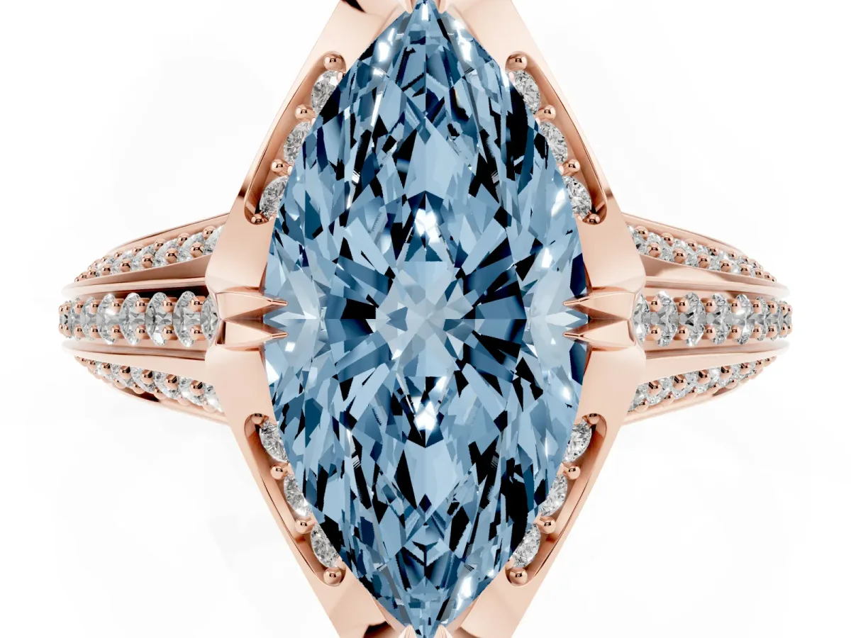 Fancy Blue Marquise Cut Solitaire Pave Split Shank Ring with Four-Prong Setting Rose gold