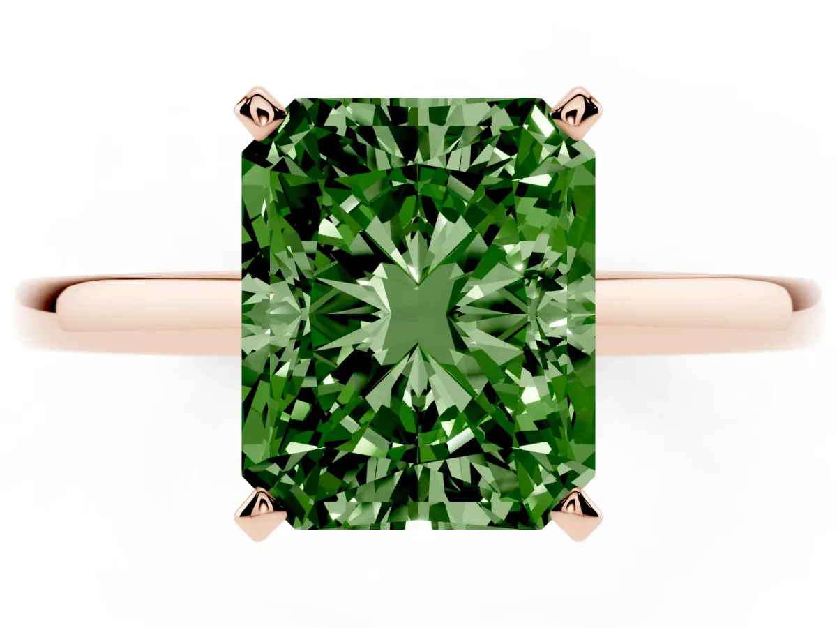 Fancy Green Radiant Cut Solitaire Diamond Engagement Ring with Four-Prong Setting on a Classic Band Rose gold