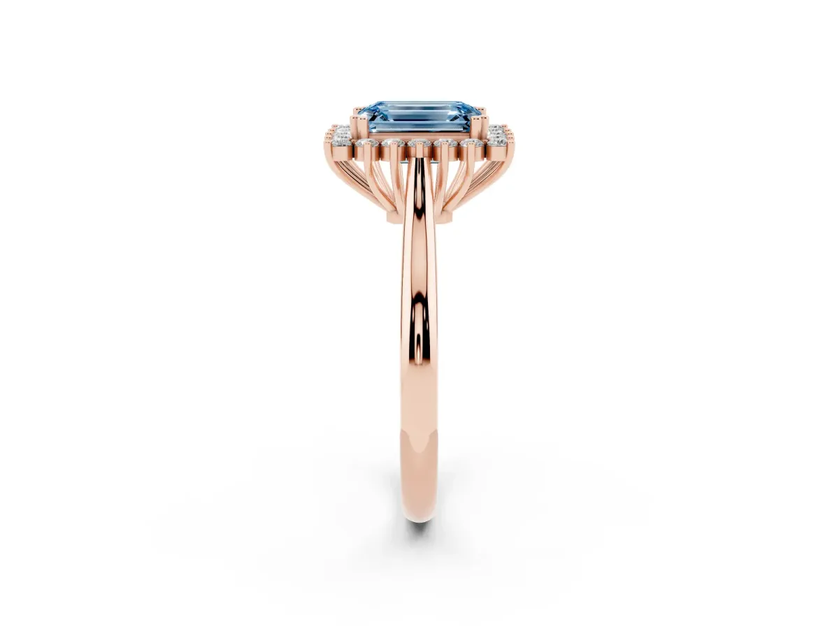 Fancy Blue Emerald Cut Cut Diamond Halo Ring with Solitaire Band and Prong Setting Rose gold