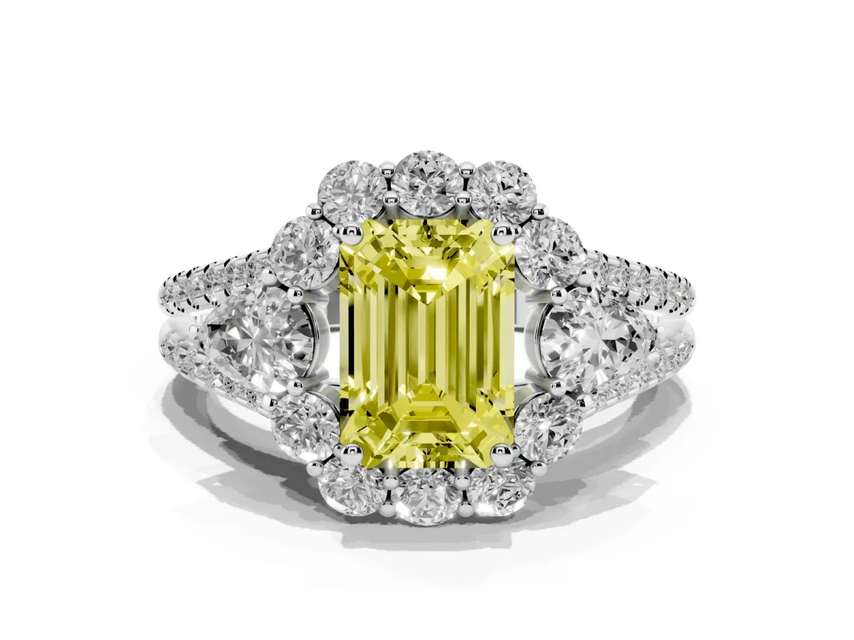 Fancy Yellow Emerald Cut Halo Split Shank Diamond Engagement Ring with Prong Setting Platinum