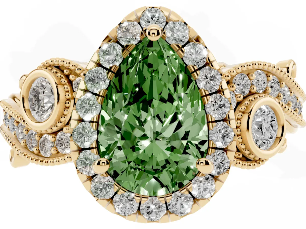 Fancy Green Pear Cut Diamond Halo Ring with Milgrain Pavé Band and Four-Prong Setting Yellow gold