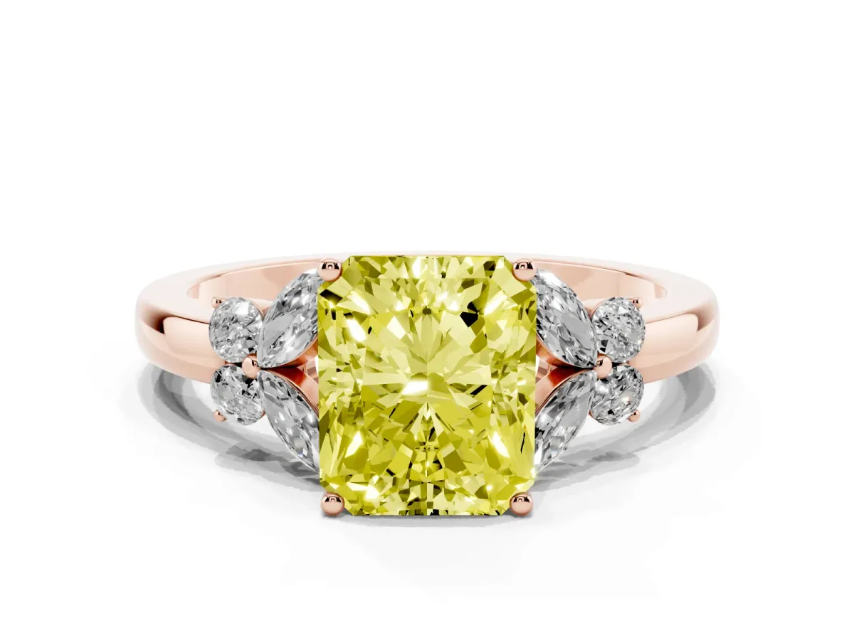 Fancy Yellow Radiant Cut Cut Solitaire Floral Diamond Ring with Four-Prong Setting Rose gold