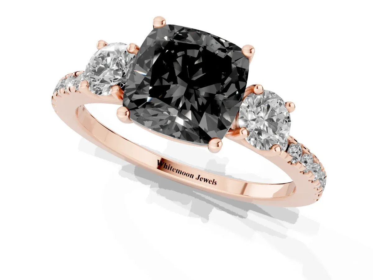 Fancy Black Three-Stone Cushion Cut Cut Diamond Pavé Band with Prong Setting Rose gold