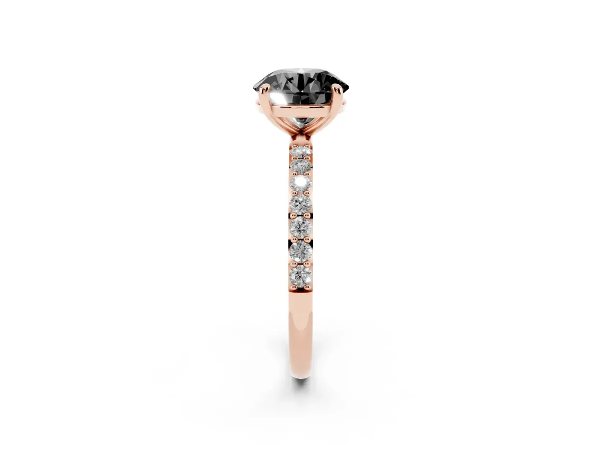 Fancy Black Round Cut Diamond Solitaire Ring with Round Pavé Band and Prong Setting Rose gold