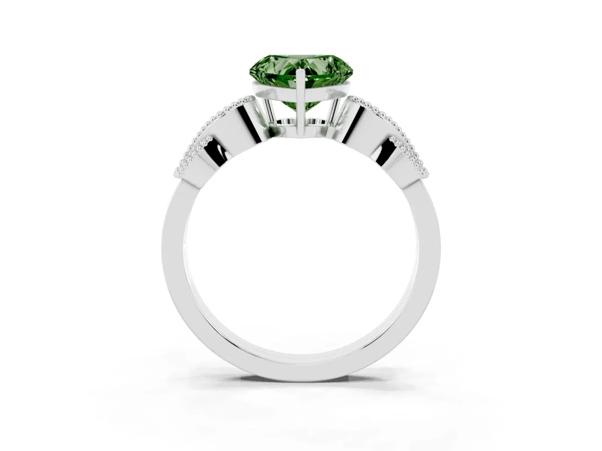 Fancy Green Heart Cut Solitaire Milgrain Leaf Band with Prong Setting Silver