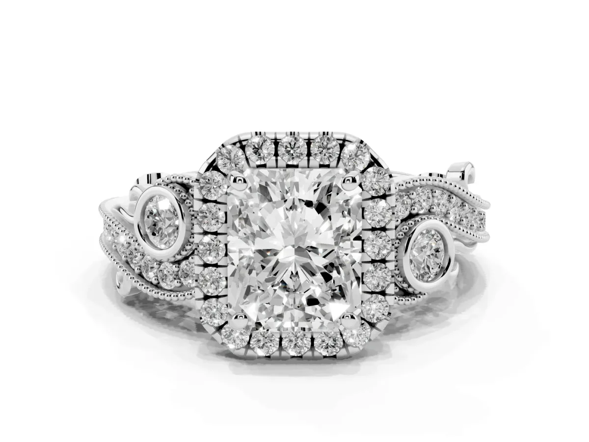 Radiant Cut Diamond Halo Ring with Milgrain Pavé Band and Four-Prong Setting Silver
