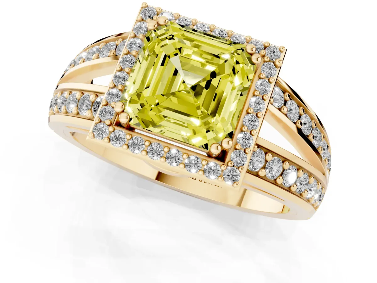 Fancy Yellow Asscher Cut Diamond Halo Ring with Split Shank Pavé Band and Four-Prong Setting Yellow gold