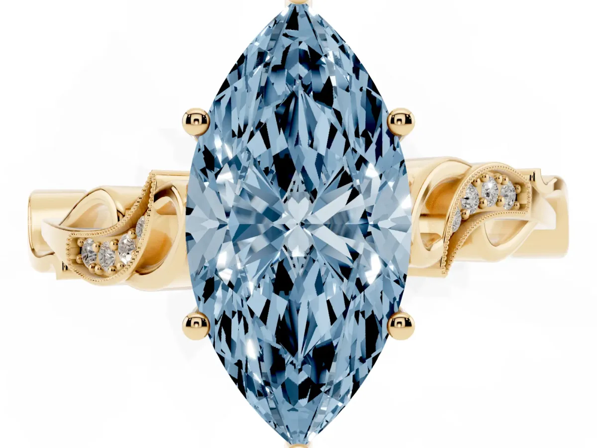 Fancy Blue Marquise Cut Solitaire Vine Band with Milgrain Prong Setting Yellow gold