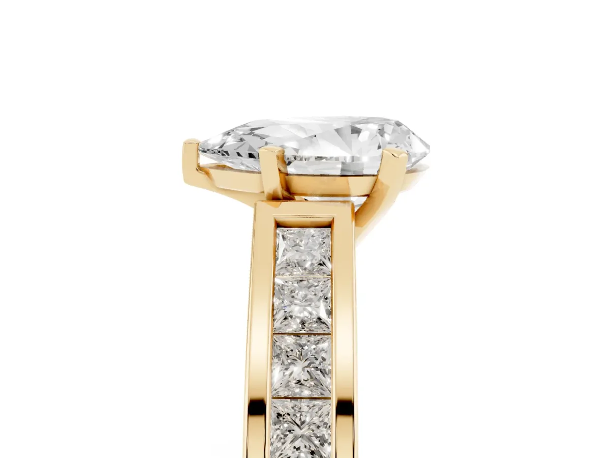 Pear Cut Solitaire Diamond Ring with Channel-Set Band and Four-Prong Setting Yellow gold