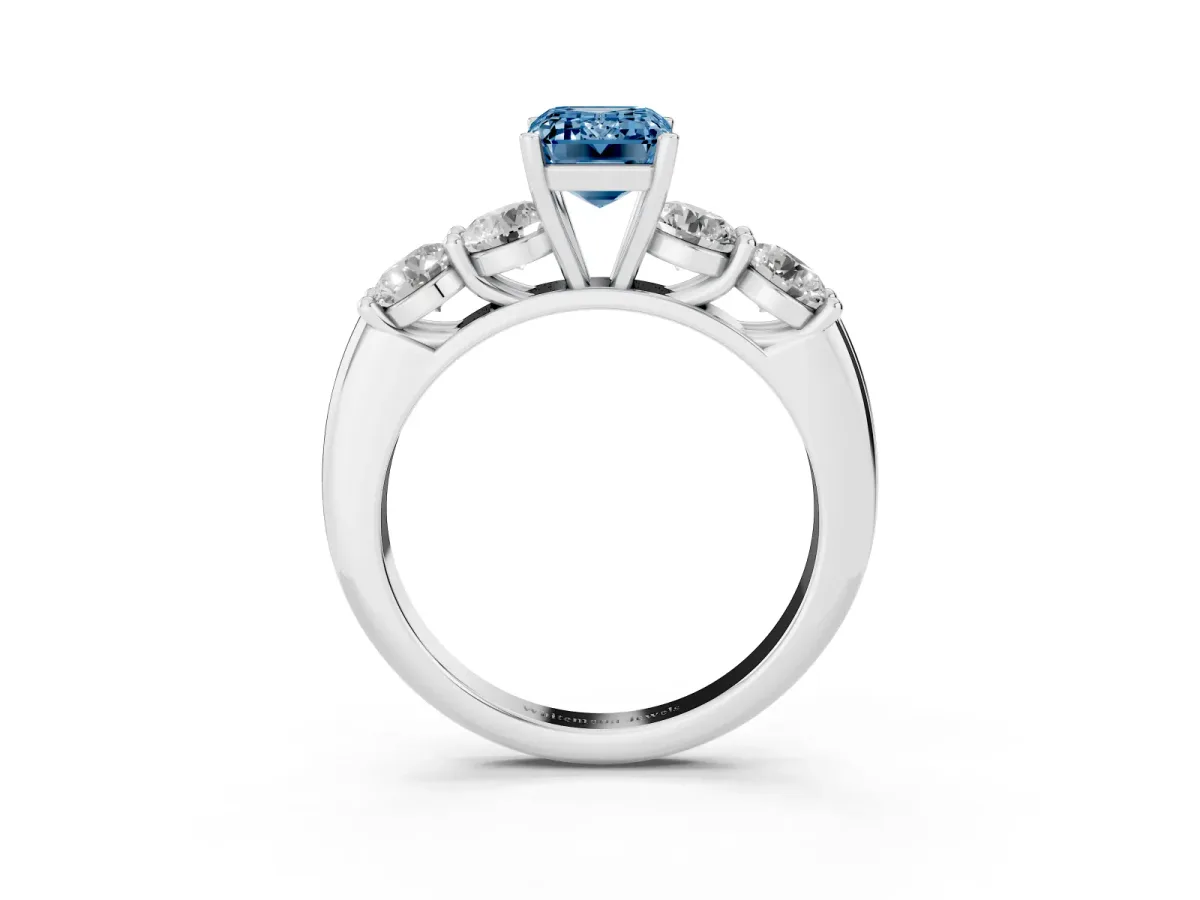 Fancy Blue Emerald Cut Cut Five-Stone Prong Set Diamond Ring with Classic Band Silver