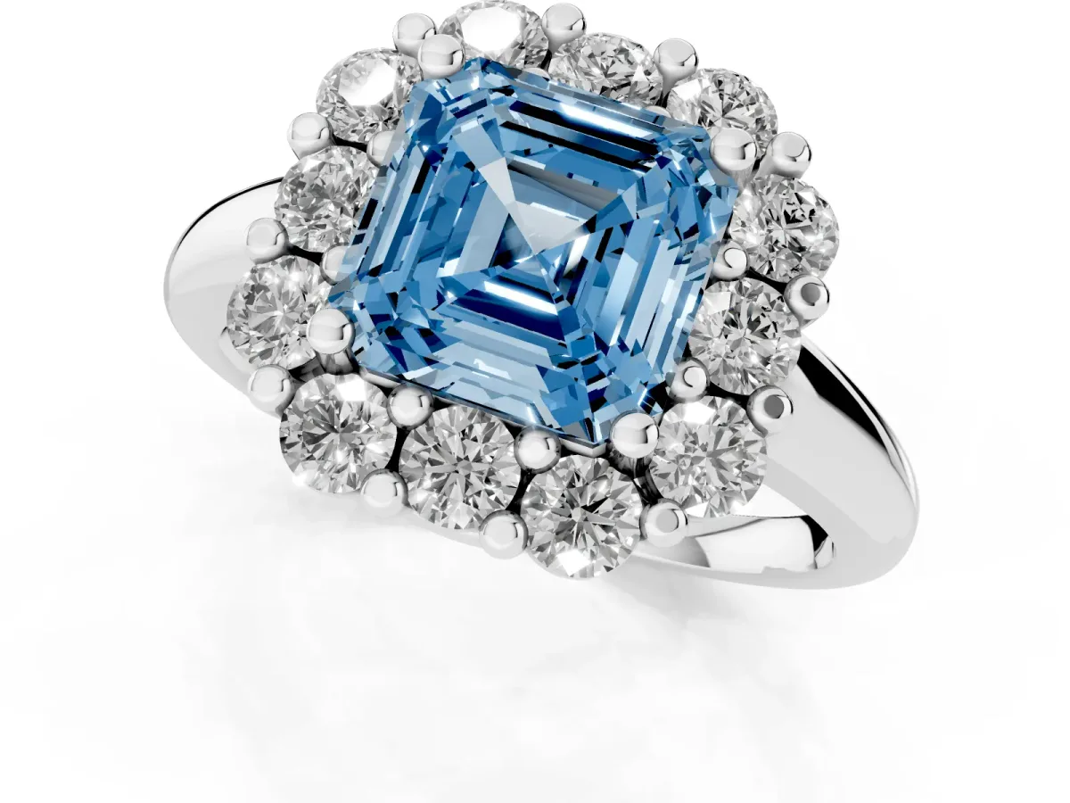 Fancy Blue Asscher Cut Halo Cluster Diamond Engagement Ring with Prong Setting and Polished Band Silver