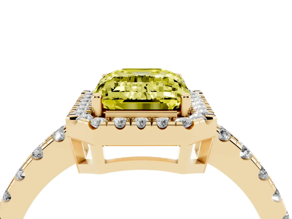 Fancy Yellow Emerald Cut Diamond Halo Ring with Pavé Band and Four-Prong Setting Yellow gold