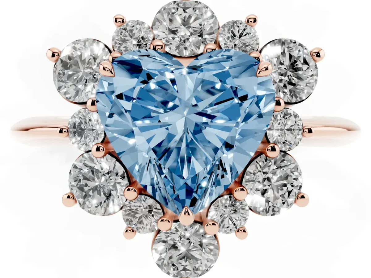 Fancy Blue Heart Cut Diamond Cluster Halo Ring with Solitaire Band and Four-Prong Setting Rose gold