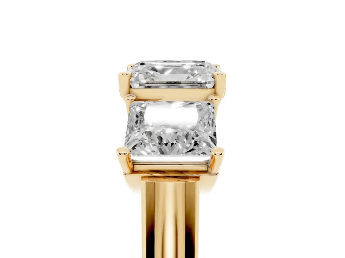 Three-Stone Asscher Cut Brilliant Diamond Trellis Ring with Comfort Fit Band Yellow gold