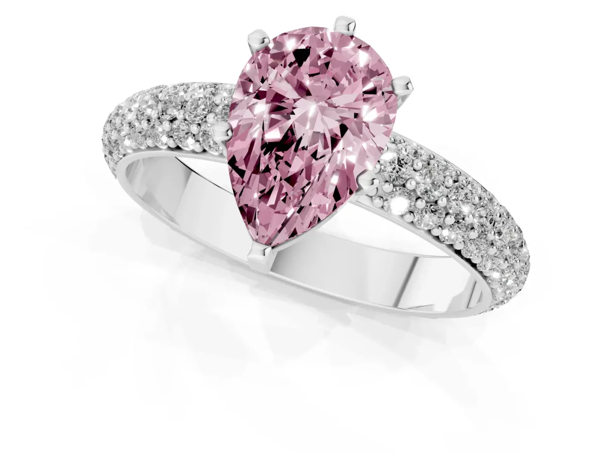 Fancy Pink Pear Cut Diamond Solitaire Ring with Prong Setting and Pavé Band Platinum