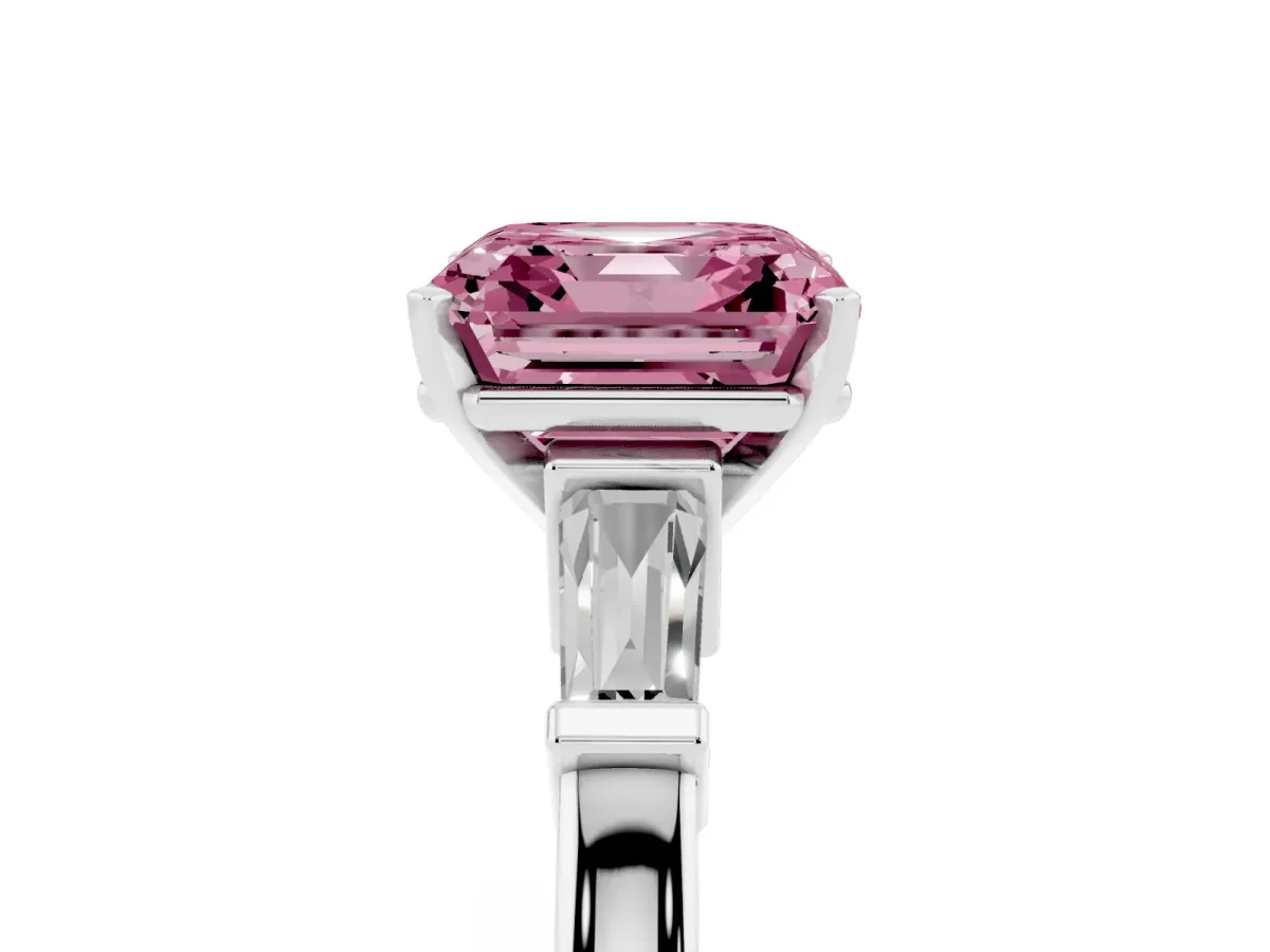 Fancy Pink Asscher Cut Cut Diamond Solitaire Ring with Tapered Baguette Accents and Four-Prong Setting Platinum