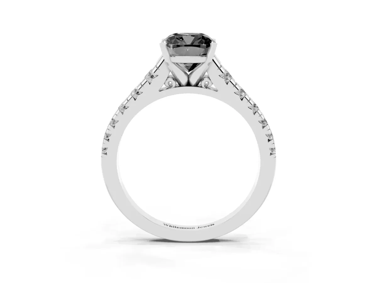 Fancy Black Cushion Cut Diamond Cathedral Solitaire Ring with Round Pavé Band Silver