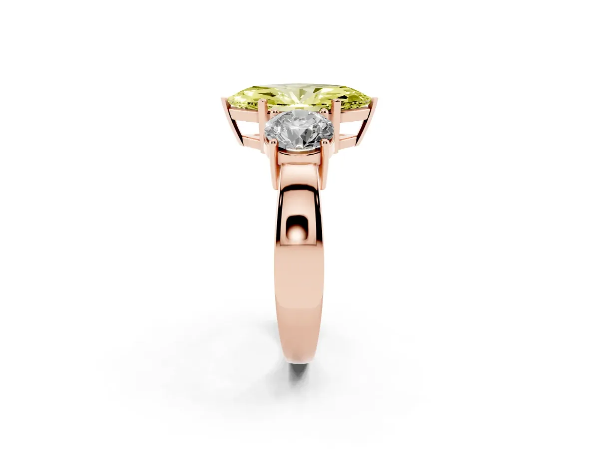 Fancy Yellow Three-Stone Marquise Cut Diamond Ring with Round Side Stones, Classic Band, and Four-Prong Setting Rose gold