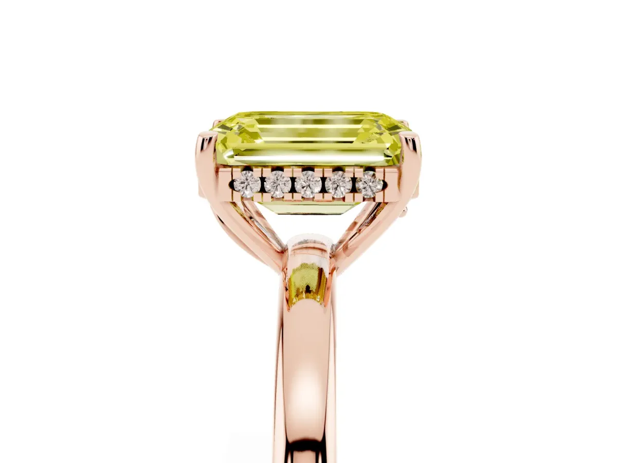 Fancy Yellow Emerald Cut Solitaire Diamond Ring with Prong Setting and Plain Band Rose gold