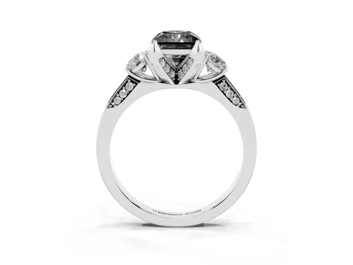 Fancy Black Radiant Cut Brilliant Three-Stone Diamond Ring with Pavé Band and Four-Prong Setting Platinum