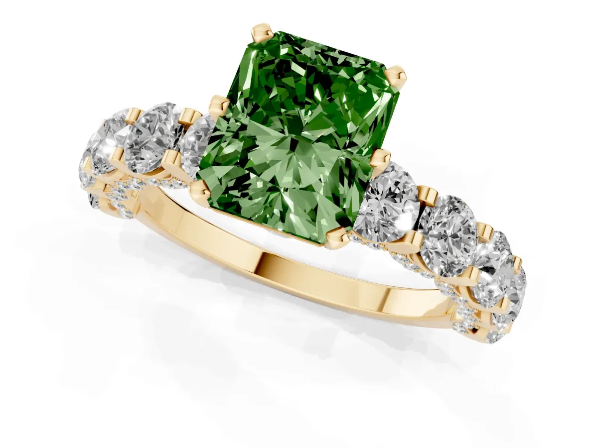 Fancy Green Radiant Cut Diamond Side Stone Engagement Ring with Four-Prong Setting Yellow gold