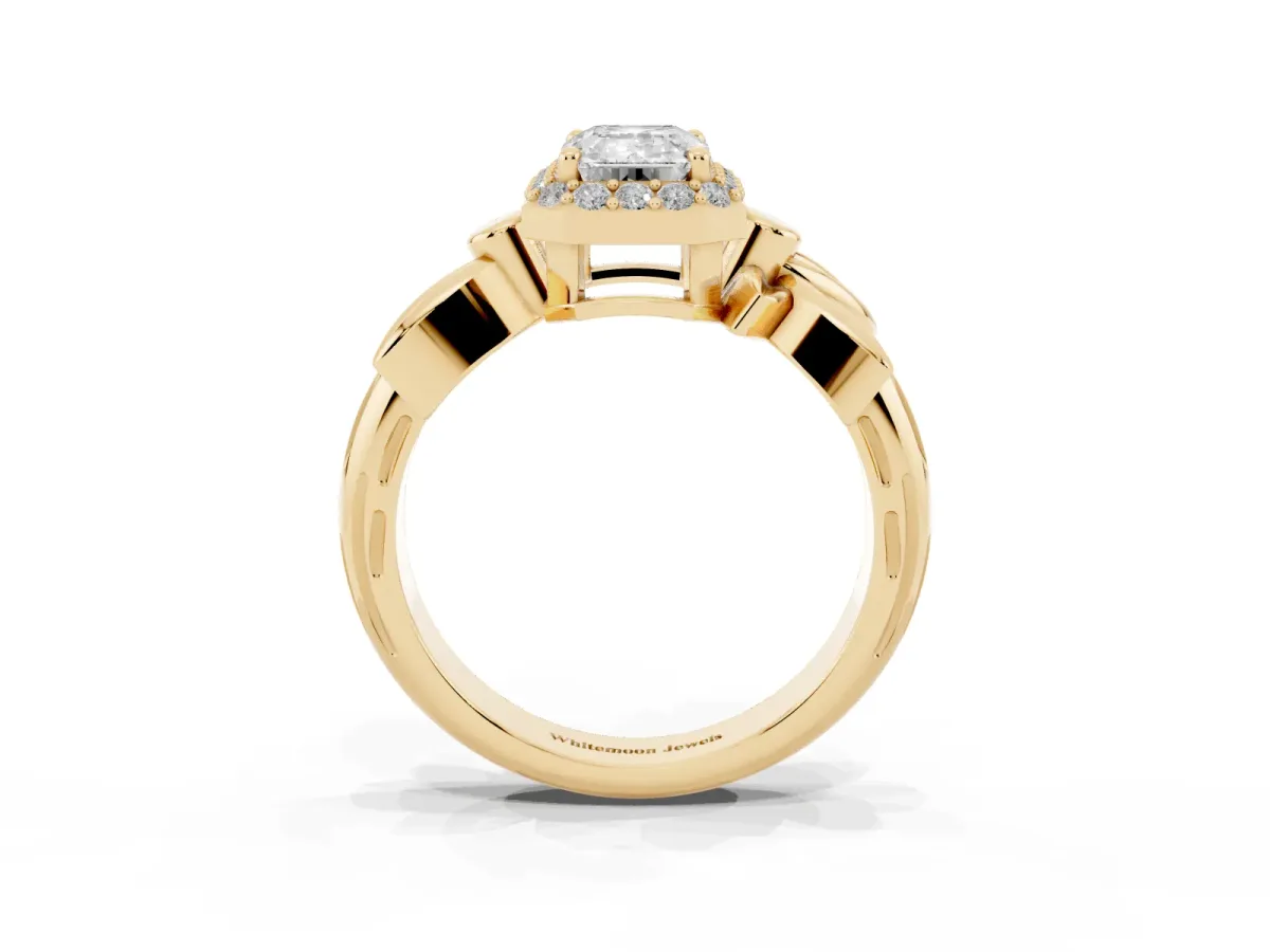 Emerald Cut Halo Diamond Floral Band with Four-Prong Setting Yellow gold