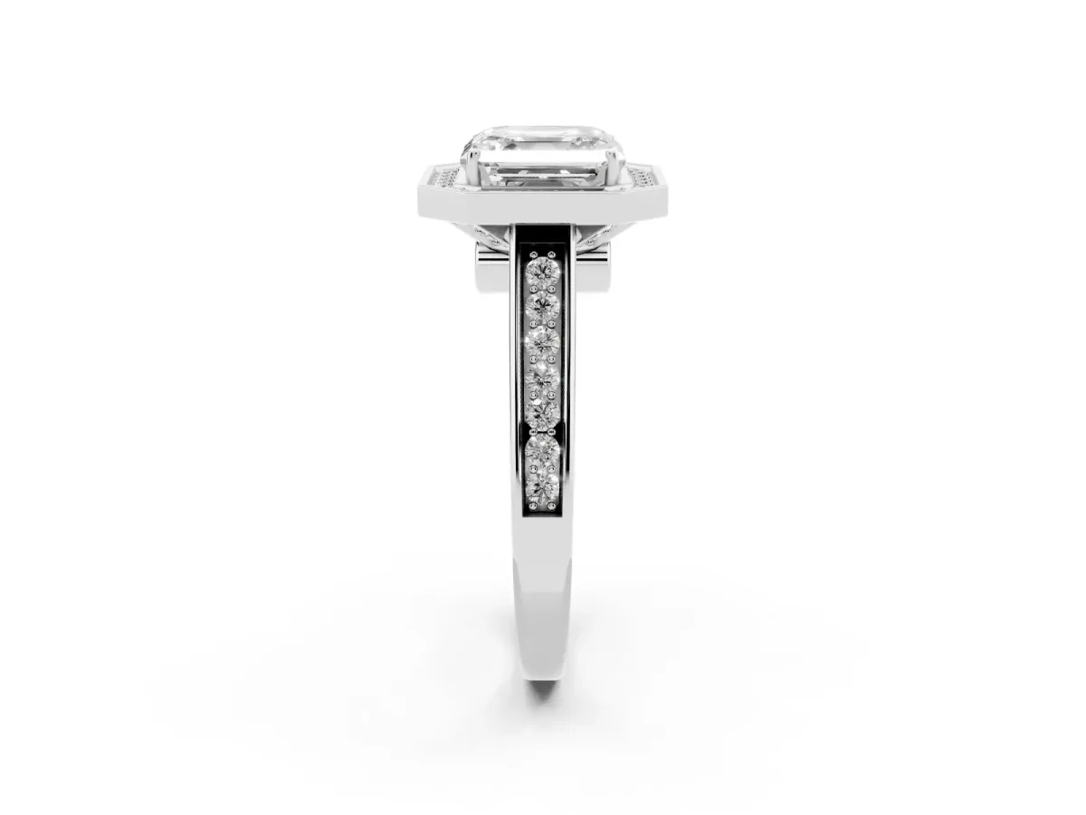 Asscher Cut Halo Solitaire Diamond Ring with Pave Band and Bezel Setting Silver