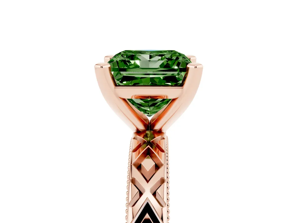 Fancy Green Princess Cut Solitaire Diamond Ring with Milgrain and Black Enamel X Pattern Band Rose gold