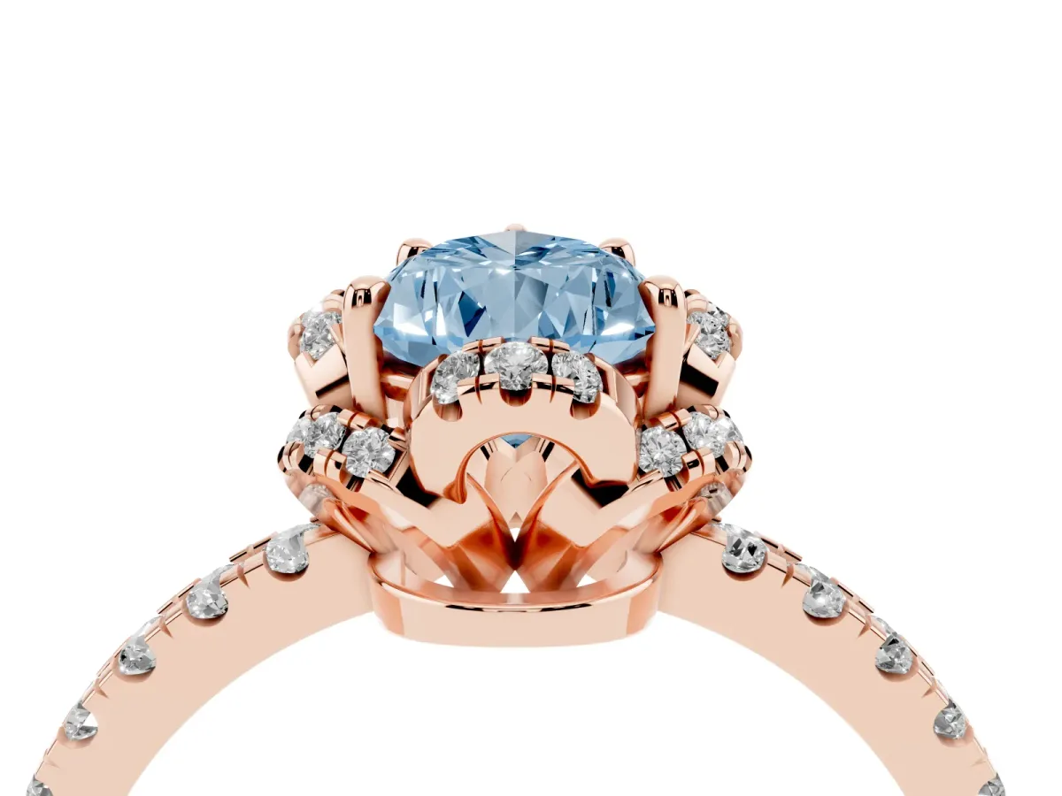 Fancy Blue Pear Cut Halo Diamond Pave Band Ring with Four-Prong Setting Rose gold