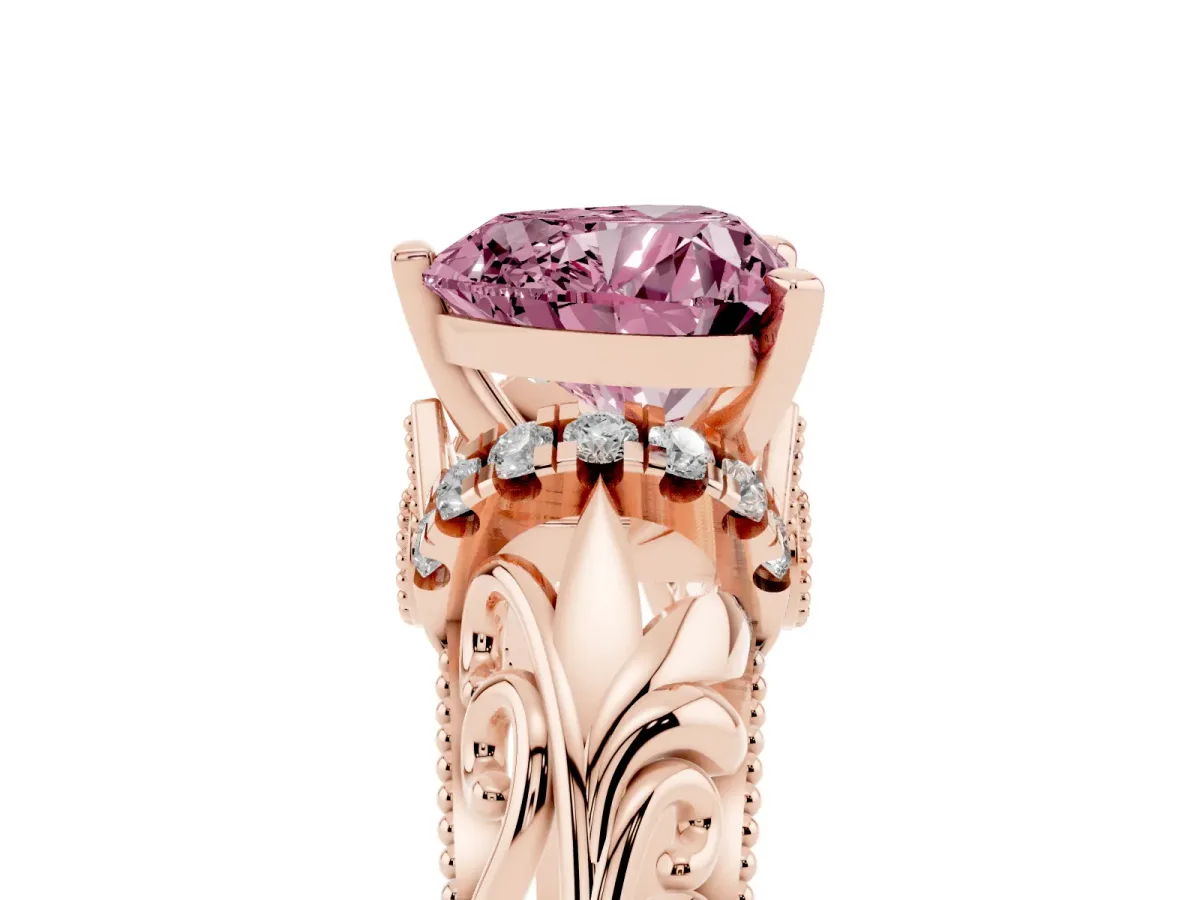 Fancy Pink Heart Cut Solitaire Filigree Engagement Ring with Halo and Prong Setting Rose gold