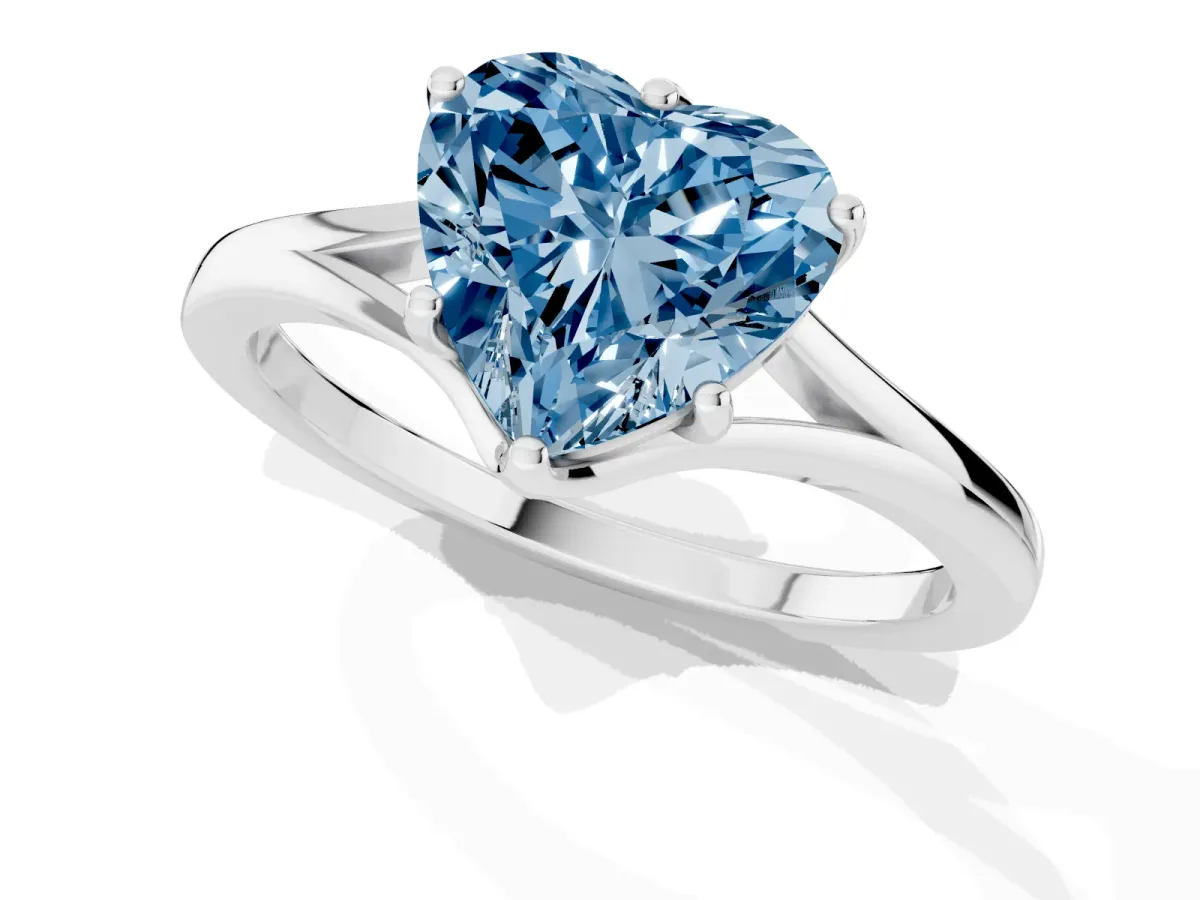 Fancy Blue Heart Cut Solitaire Diamond Ring with Six-Prong Setting and Tapered Band White gold