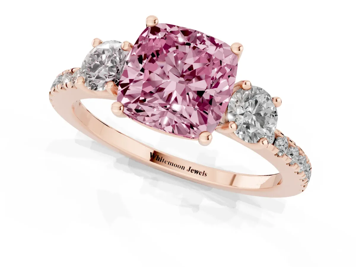 Fancy Pink Three-Stone Cushion Cut Cut Diamond Pavé Band with Prong Setting Rose gold