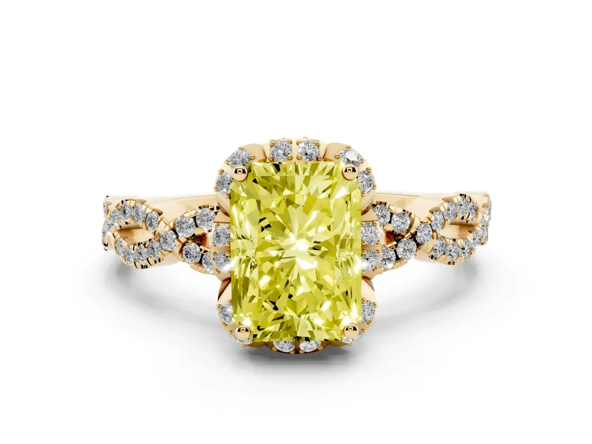 Fancy Yellow Radiant Cut Halo Twist Band Solitaire Ring with Six-Prong Setting Yellow gold
