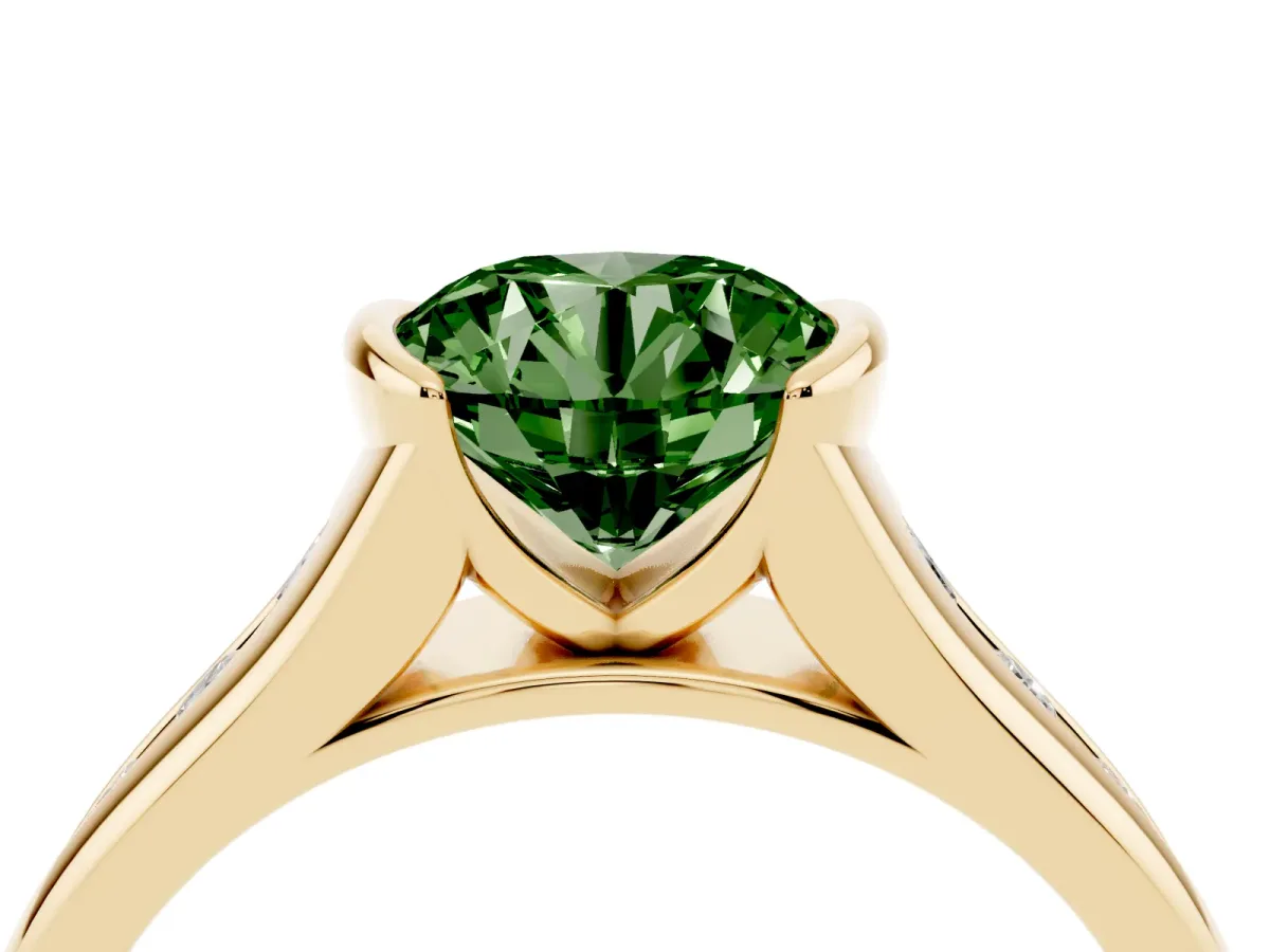 Fancy Green Round Cut Solitaire Bezel-Set Diamond Ring with Channel-Set Band Yellow gold