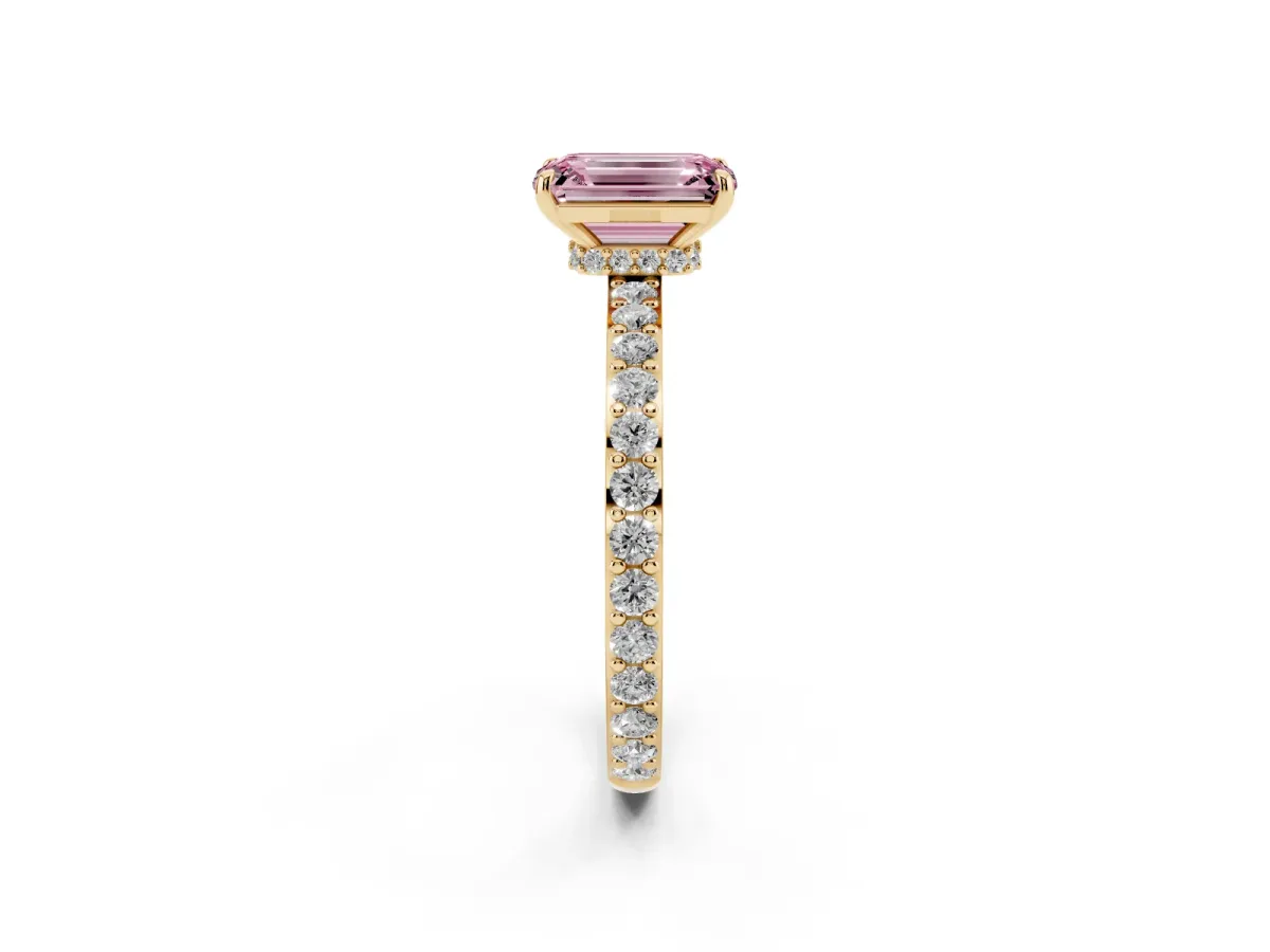 Fancy Pink Emerald Cut Diamond Solitaire Engagement Ring with Pavé Band and Four-Prong Setting Yellow gold