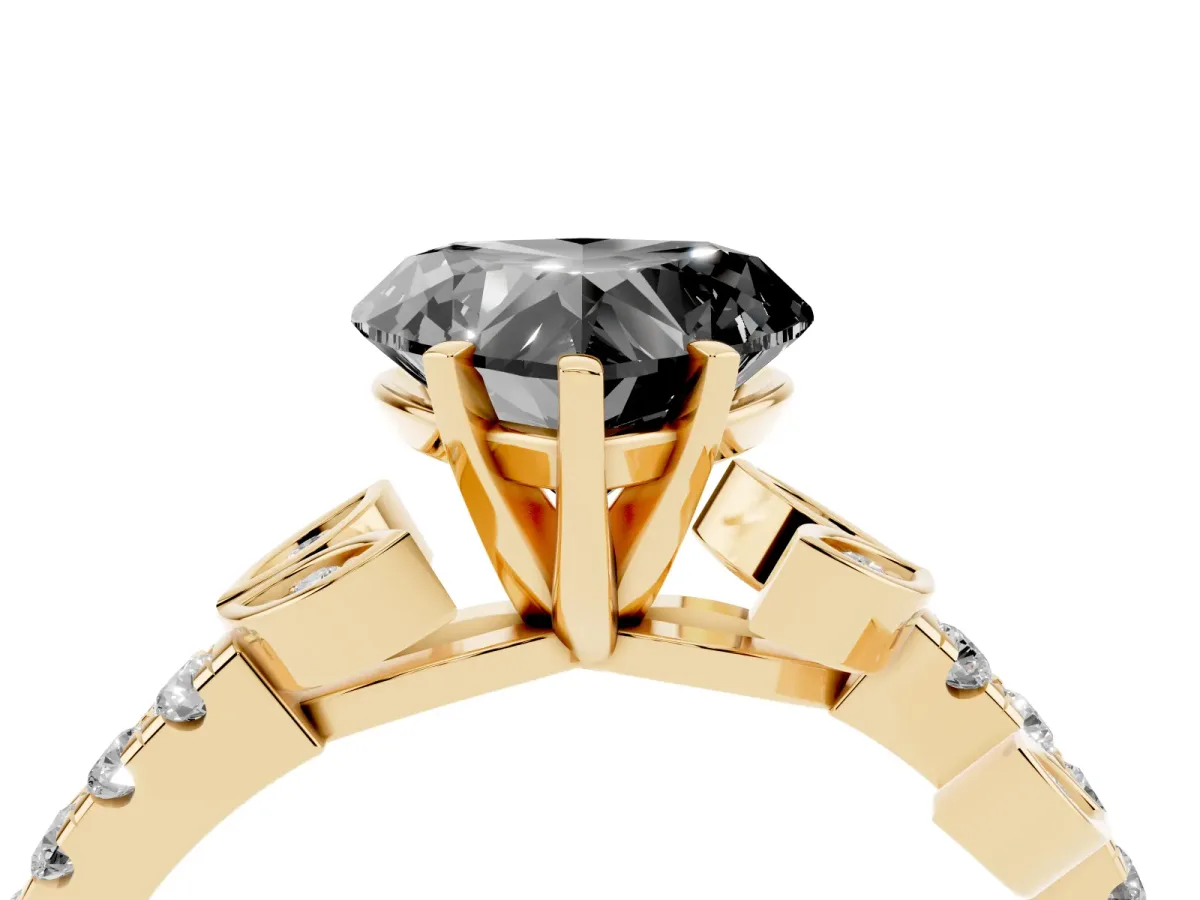 Fancy Black Heart Cut Solitaire Leaf-Inspired Diamond Ring with Pavé Band and Four-Prong Setting Yellow gold