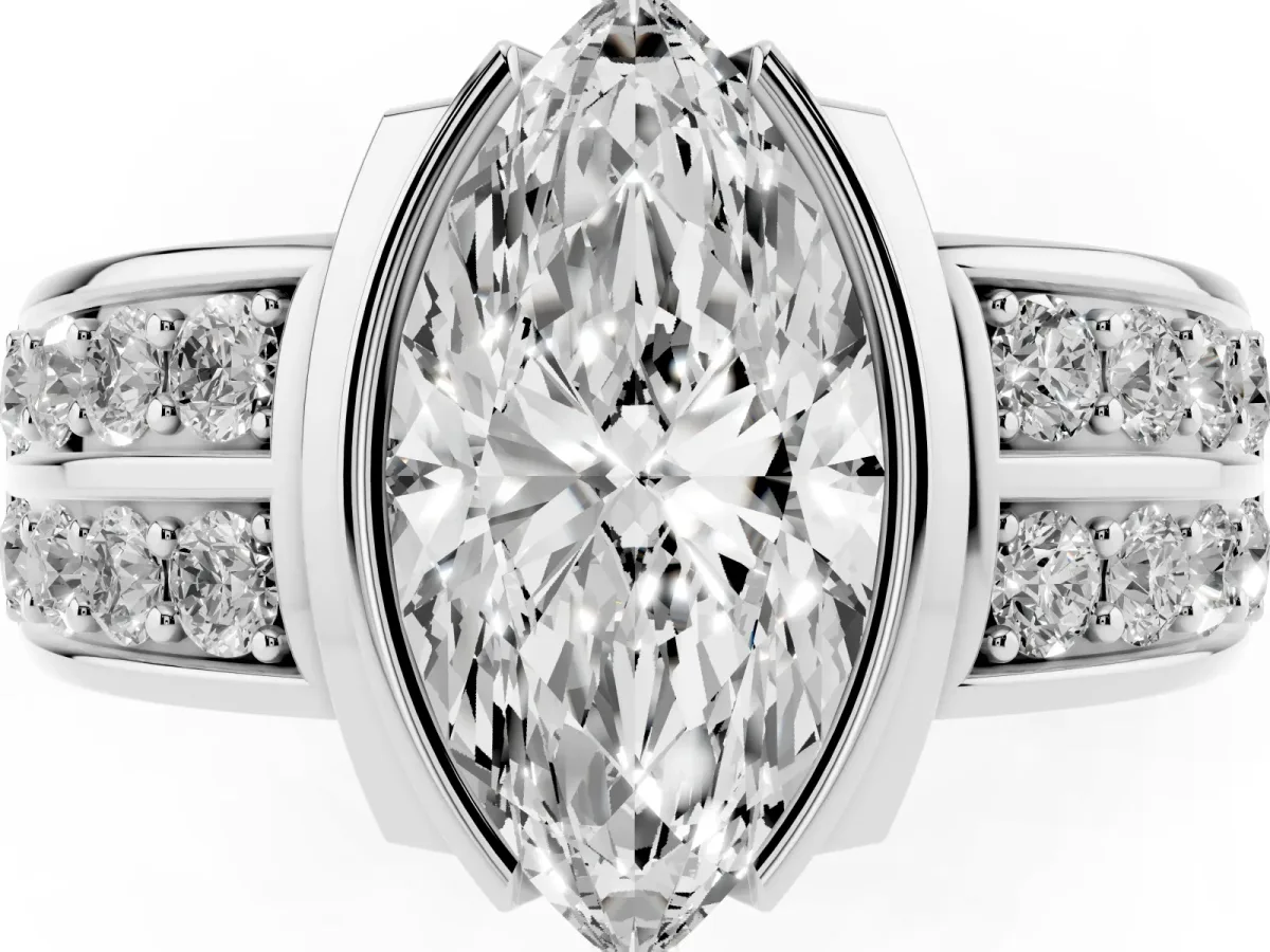 Marquise Cut Brilliant Diamond Channel Set Wide Band Ring with Bezel Setting Silver