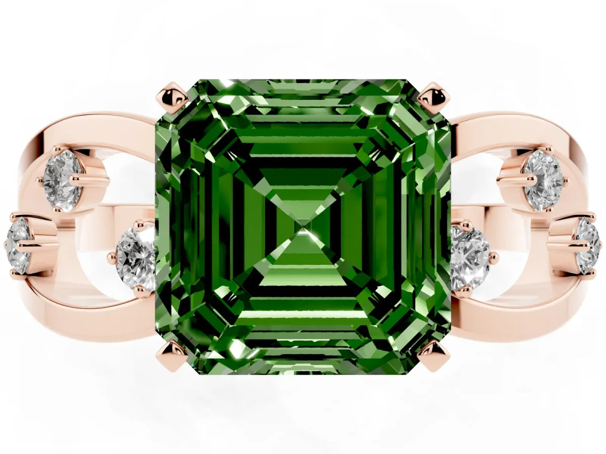 Fancy Green Asscher Cut Cut Solitaire Diamond with Side Stones on Criss-Cross Band and Four-Prong Setting Rose gold