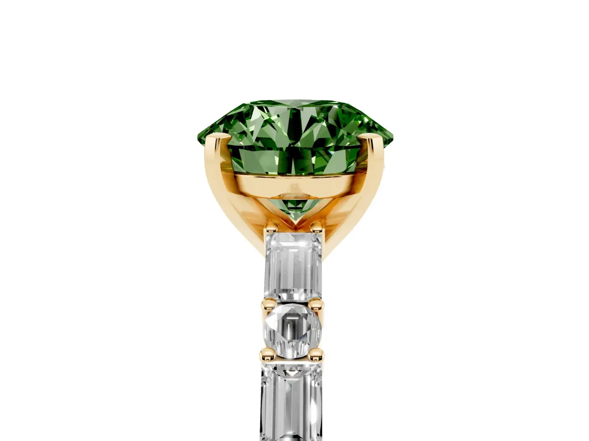 Fancy Green Round Cut Diamond Solitaire with Side Baguettes and Channel Set Band Yellow gold