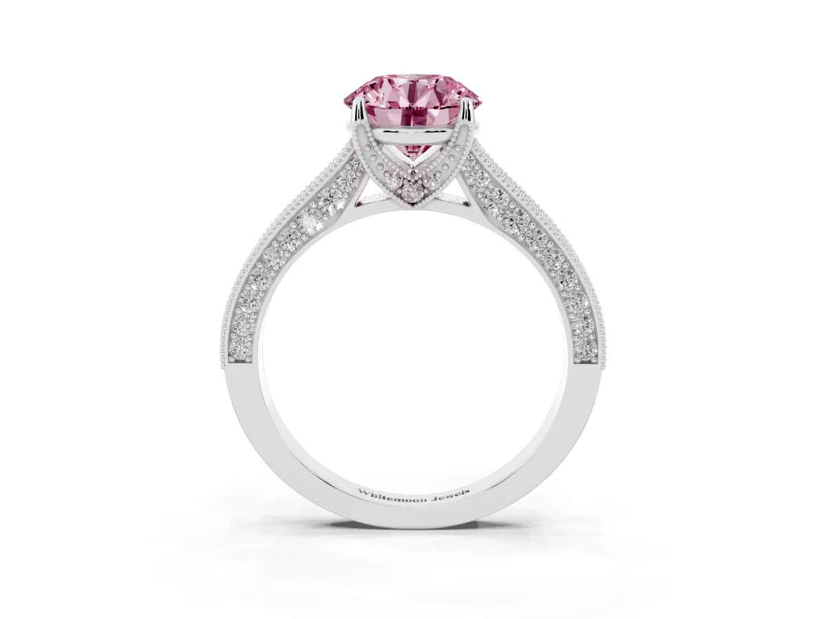 Fancy Pink Round Cut Cut Diamond Solitaire Ring with Milgrain Pave Band and Four Prong Setting Silver